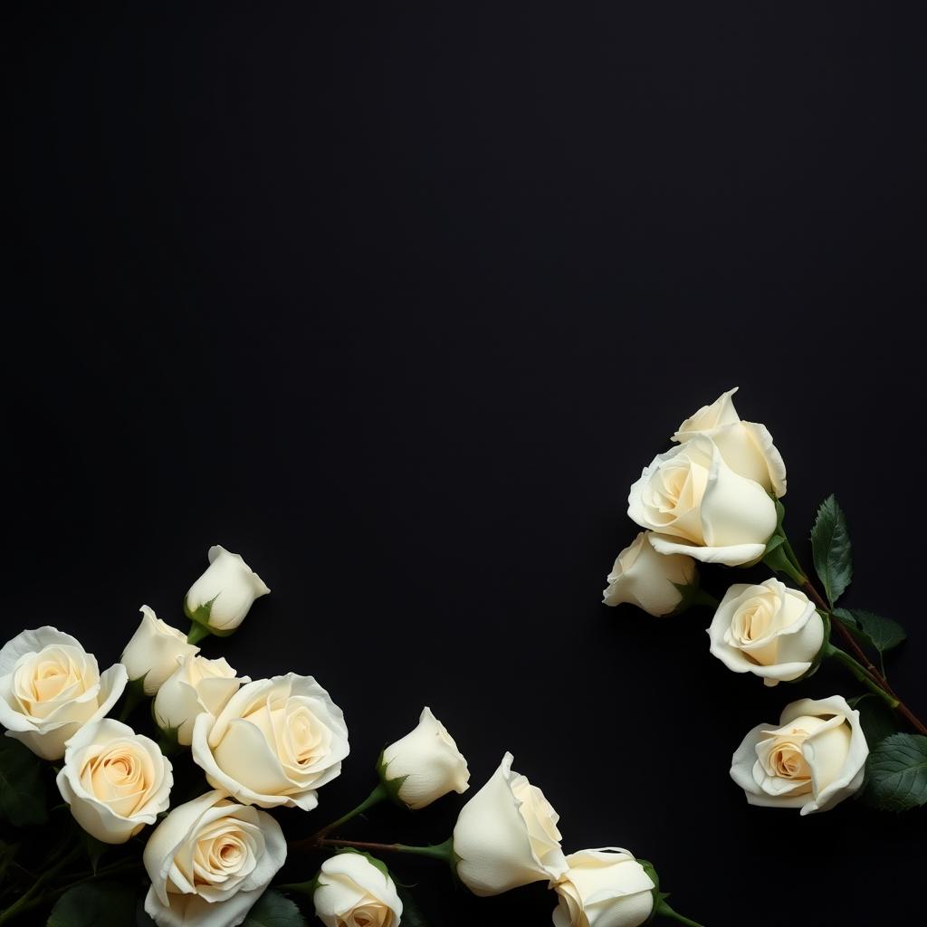 A somber yet elegant black background adorned with white roses gracefully arranged around a melting candle