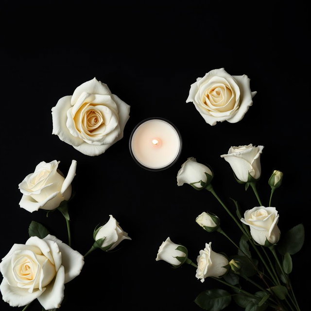A somber yet elegant black background adorned with white roses gracefully arranged around a melting candle