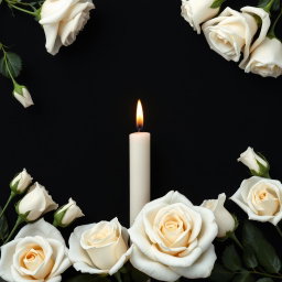 A somber yet elegant black background adorned with white roses gracefully arranged around a melting candle