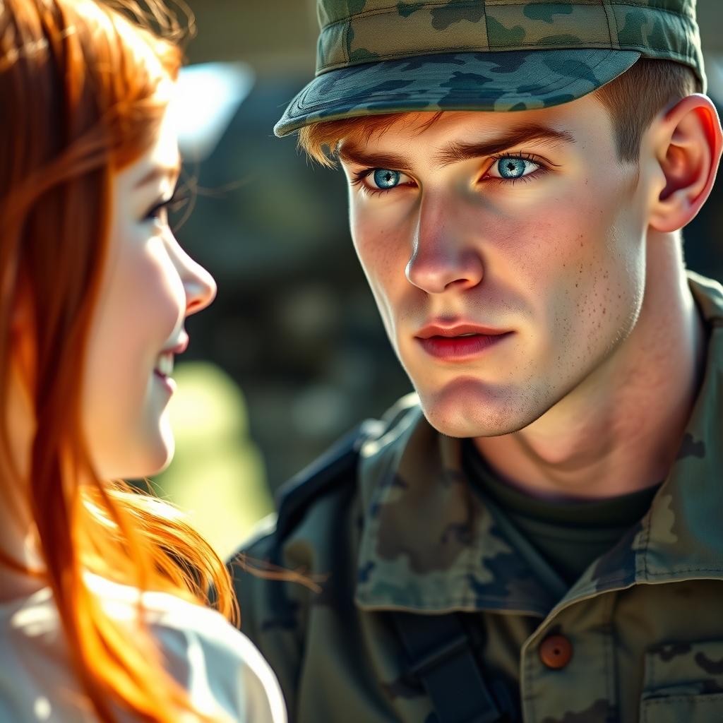 A strong young white military man with striking blue eyes, observing a beautiful young redhead girl