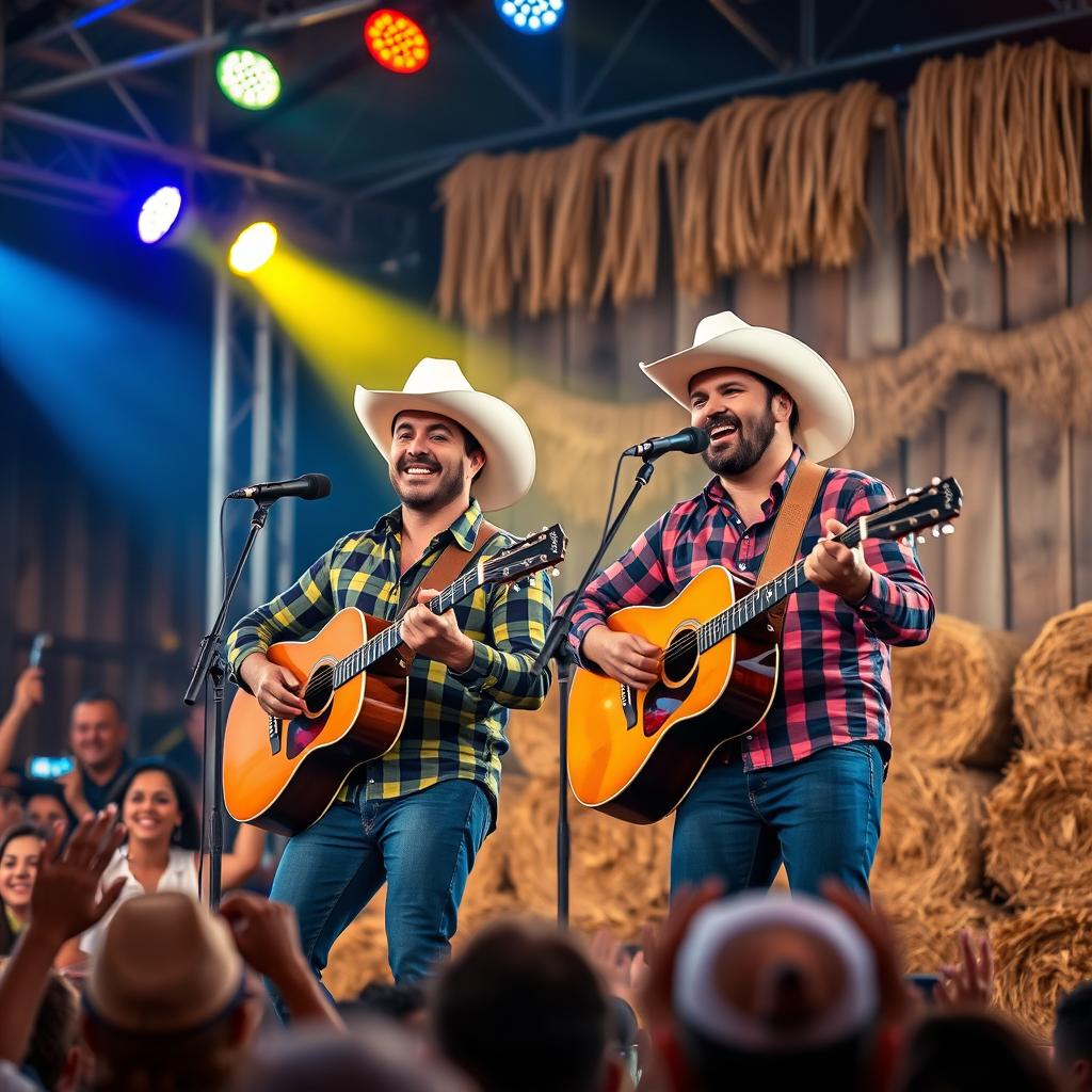 A vibrant scene depicting a Brazilian sertanejo duo performing on stage