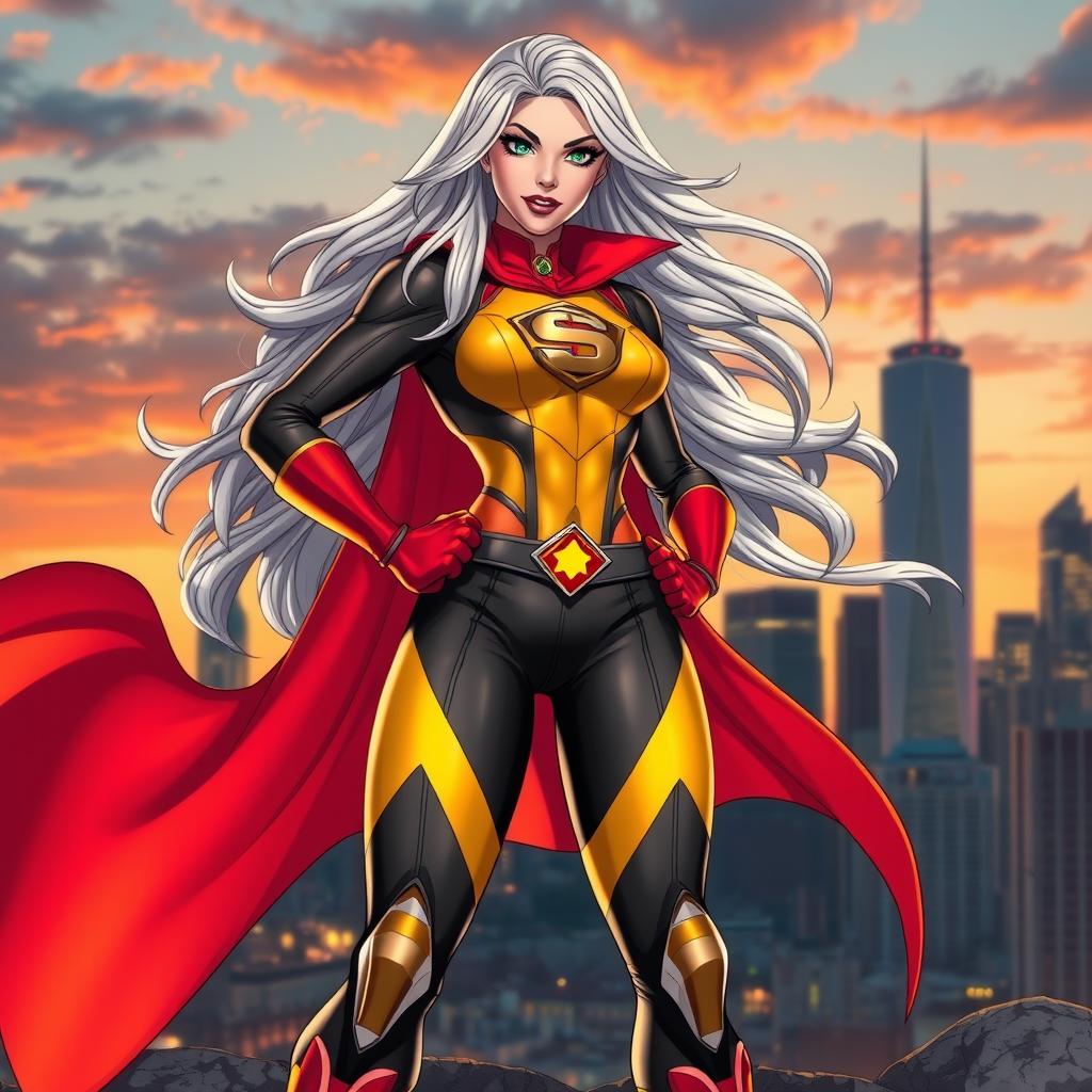 A heroic character named Super Debs, depicted as a powerful superheroine with long, flowing silver hair