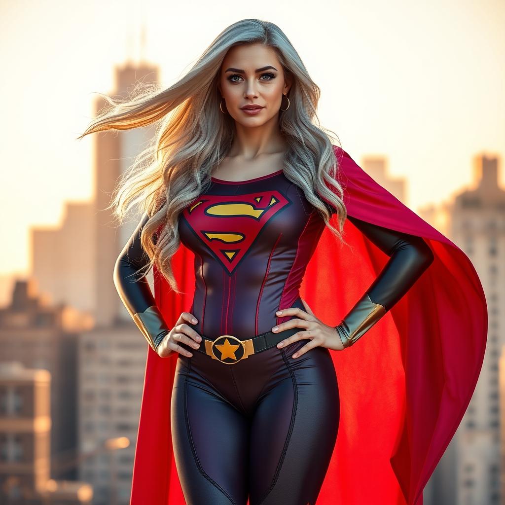 A full-body portrait of a superheroine named Super Debs, featuring long, flowing silver hair