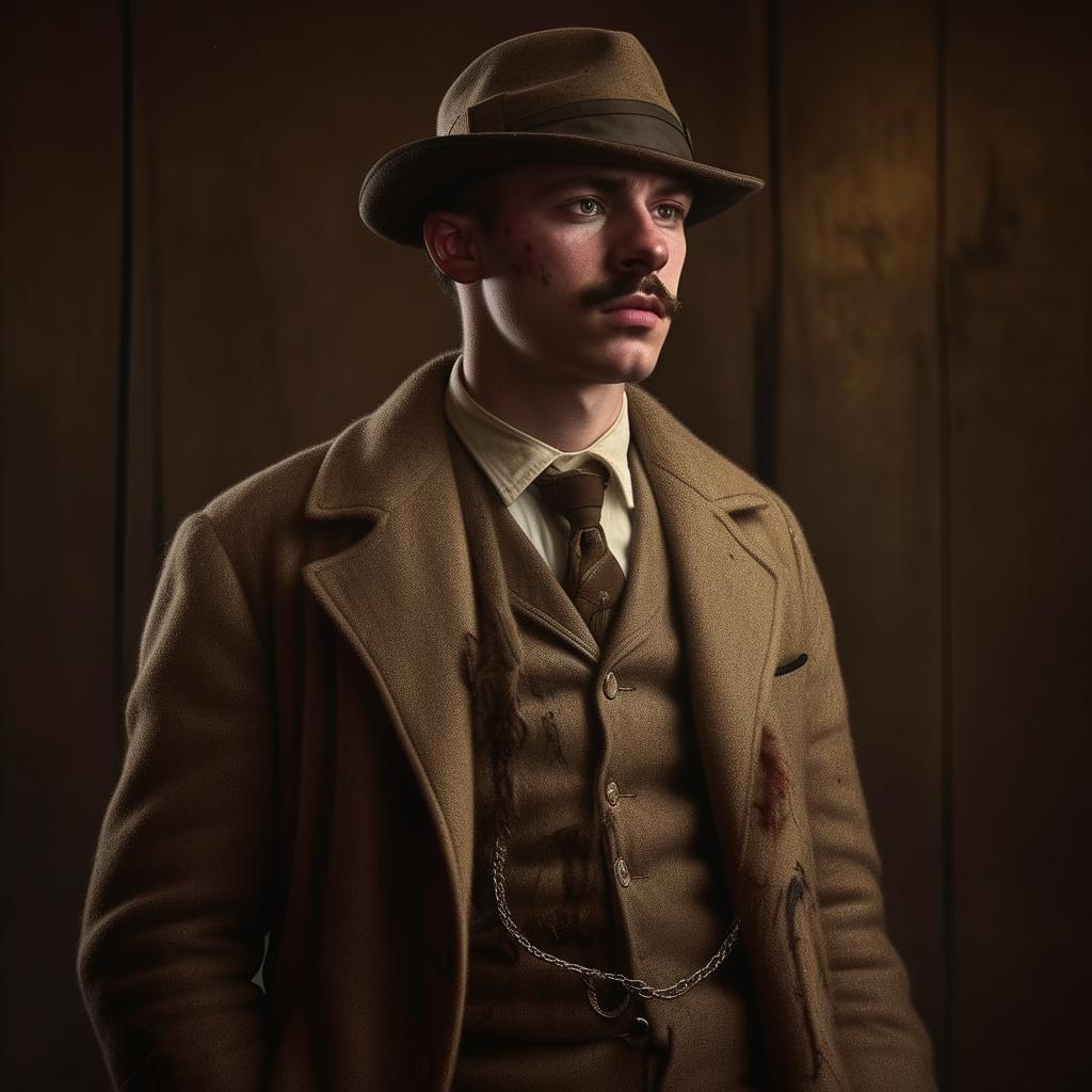 A 29-year-old English gangster from Bristol, dressed in early 20th century fashion, showing signs of a recent fight, and imbued with a post-WW1 aura.