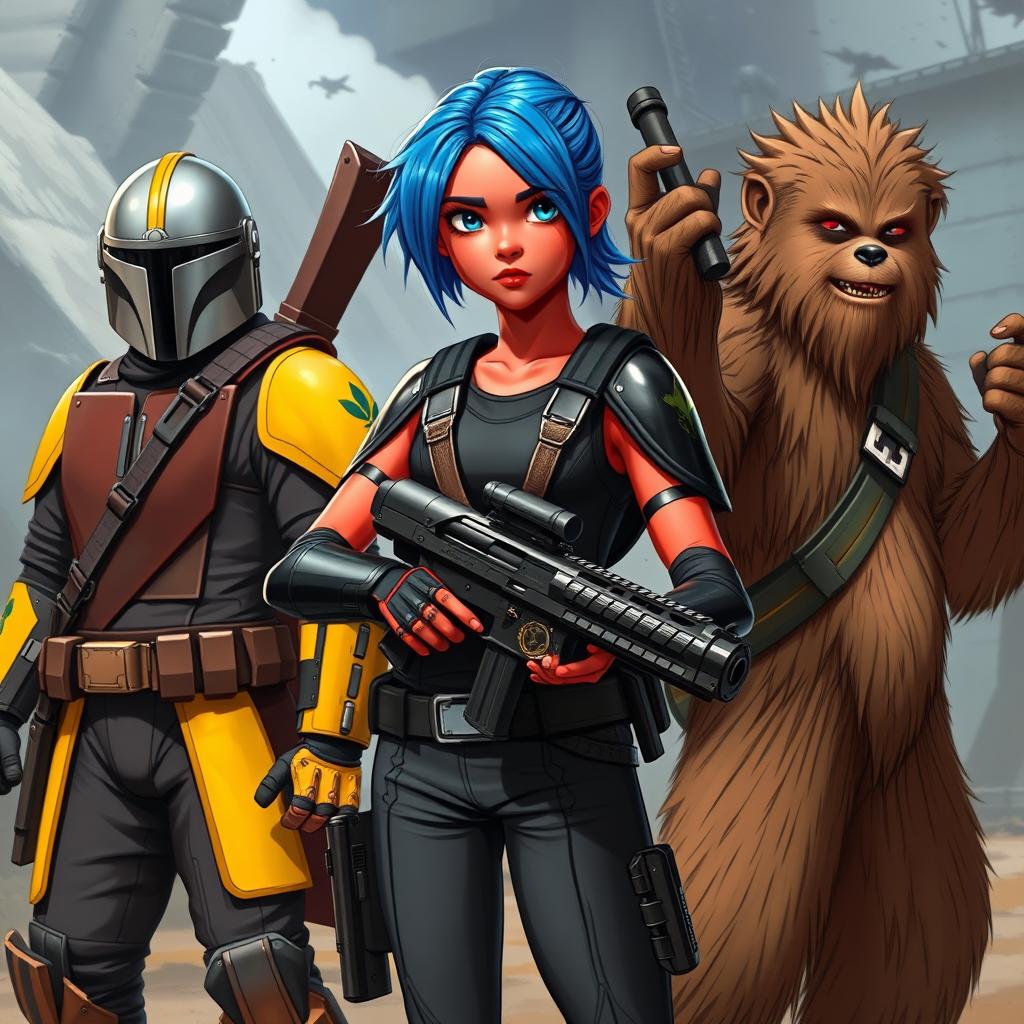 A teenage girl with vibrant red skin and striking blue hair stands confidently while gripping a futuristic blaster rifle