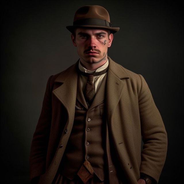 A 29-year-old English gangster from Bristol, dressed in early 20th century fashion, showing signs of a recent fight, and imbued with a post-WW1 aura.