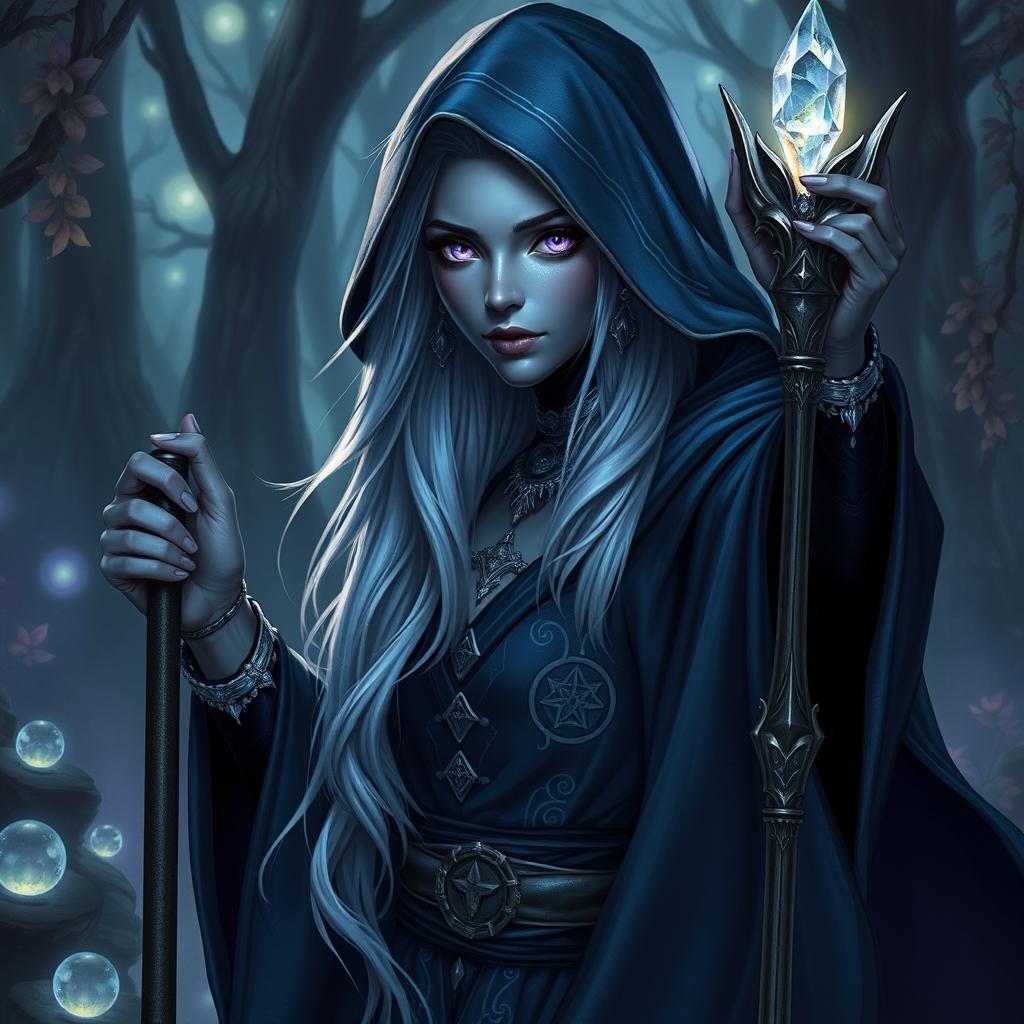 A female drow half-elf sorcerer, with dark, shimmering skin that glows faintly in the moonlight