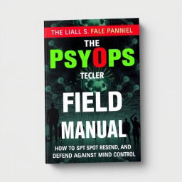 A striking and thought-provoking book cover design for 'The PsyOps Field Manual: How to Spot, Resist, and Defend Against Mind Control'