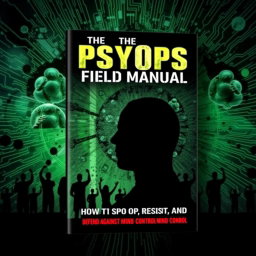 A striking and thought-provoking book cover design for 'The PsyOps Field Manual: How to Spot, Resist, and Defend Against Mind Control'