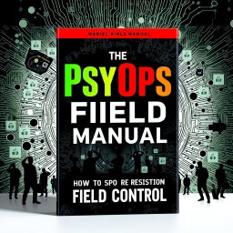 A striking and thought-provoking book cover design for 'The PsyOps Field Manual: How to Spot, Resist, and Defend Against Mind Control'