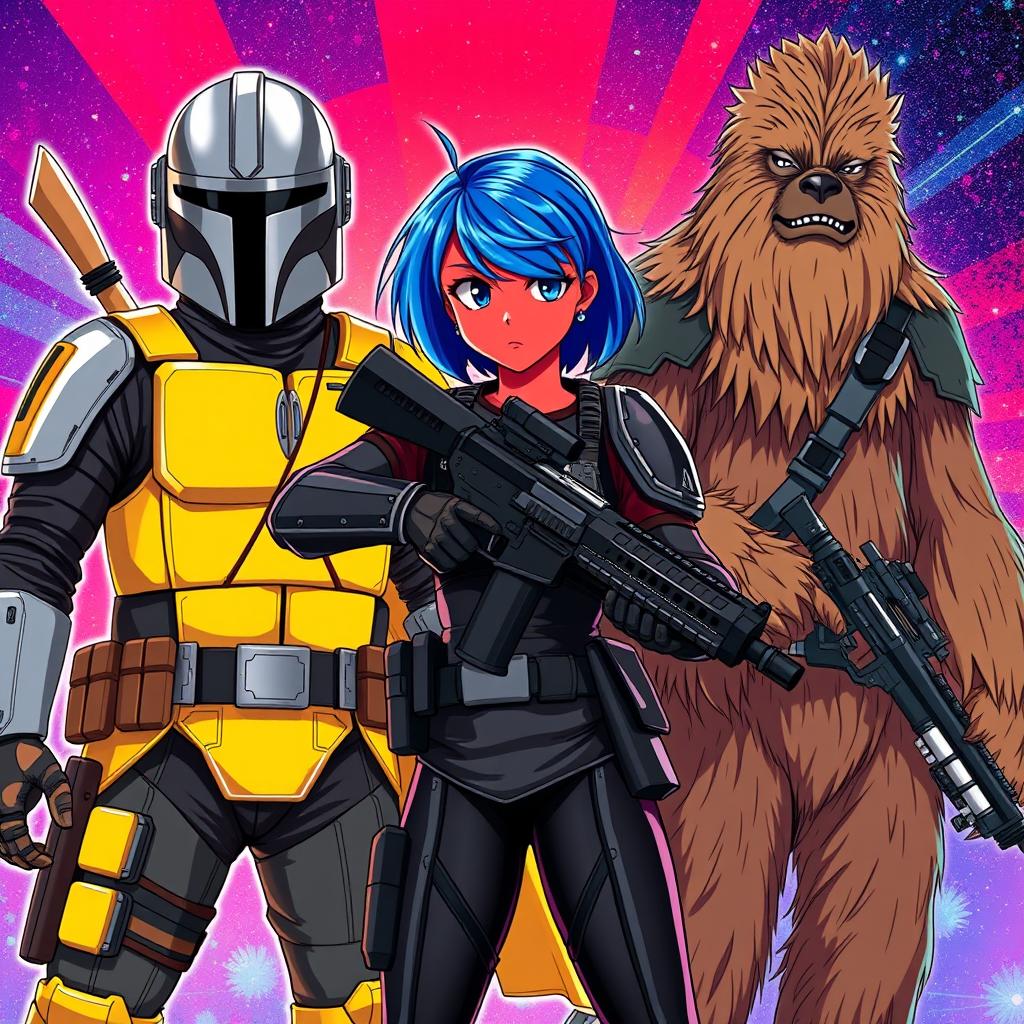 An anime-style illustration featuring a teenage girl with striking red skin and vibrant blue hair, clad in sleek black armor while confidently holding a blaster rifle
