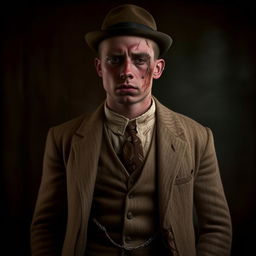 A 29-year-old English gangster from Bristol, dressed in early 20th century fashion, showing signs of a recent fight, and imbued with a post-WW1 aura.