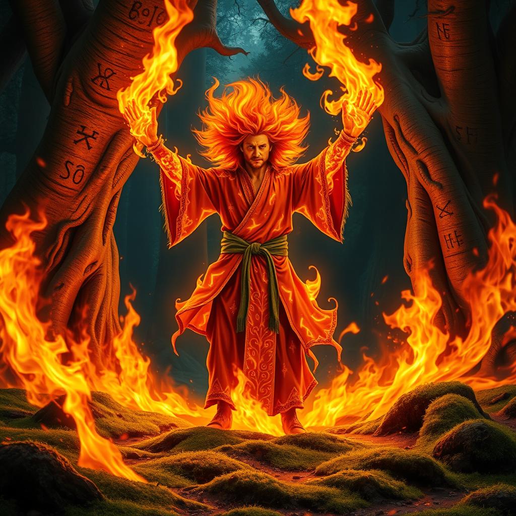 A powerful fire druid standing in a mystical forest clearing, surrounded by vibrant and swirling flames