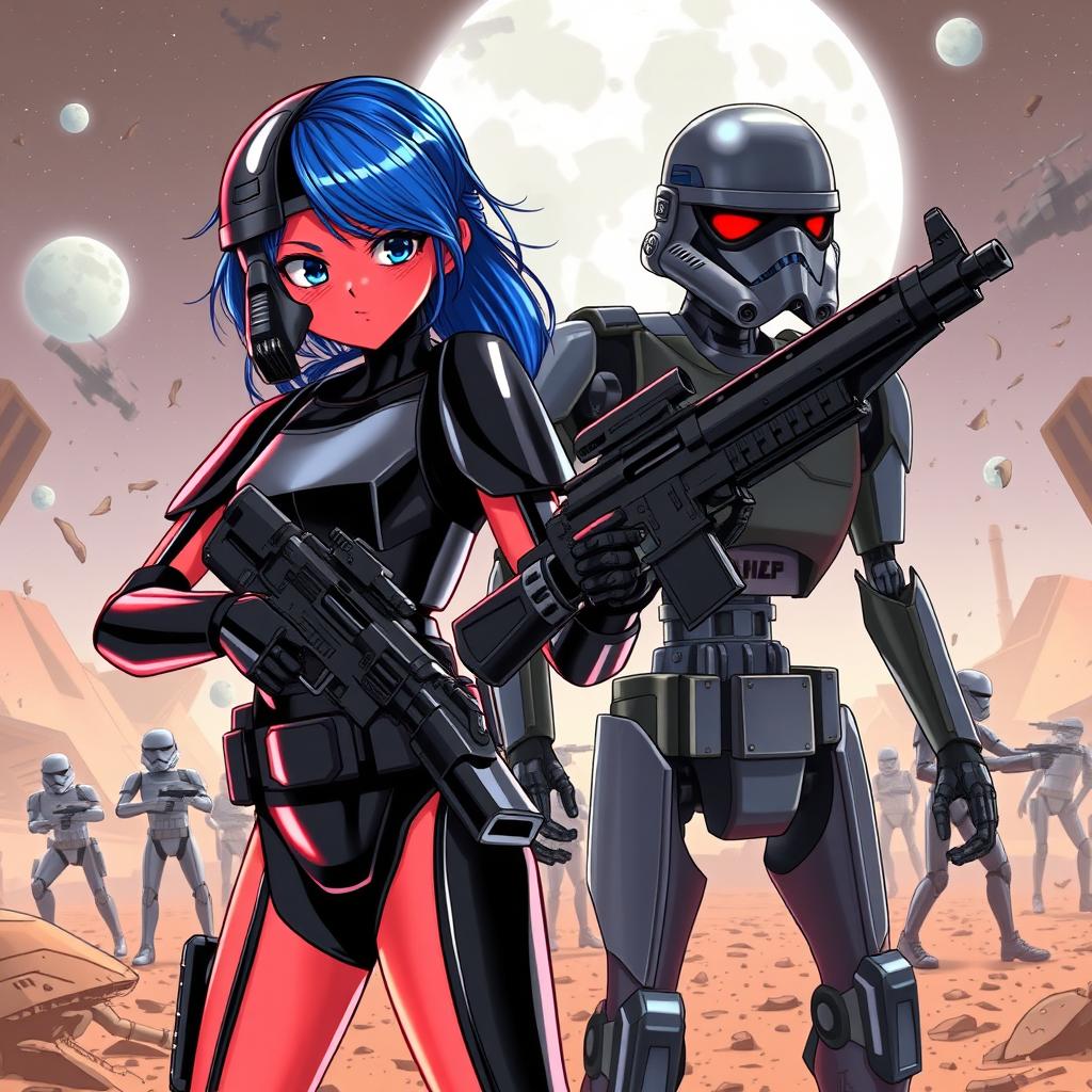 An anime-style illustration featuring a teenage girl with striking red skin and vibrant blue hair, clad in shiny black stormtrooper armor while confidently holding a blaster rifle