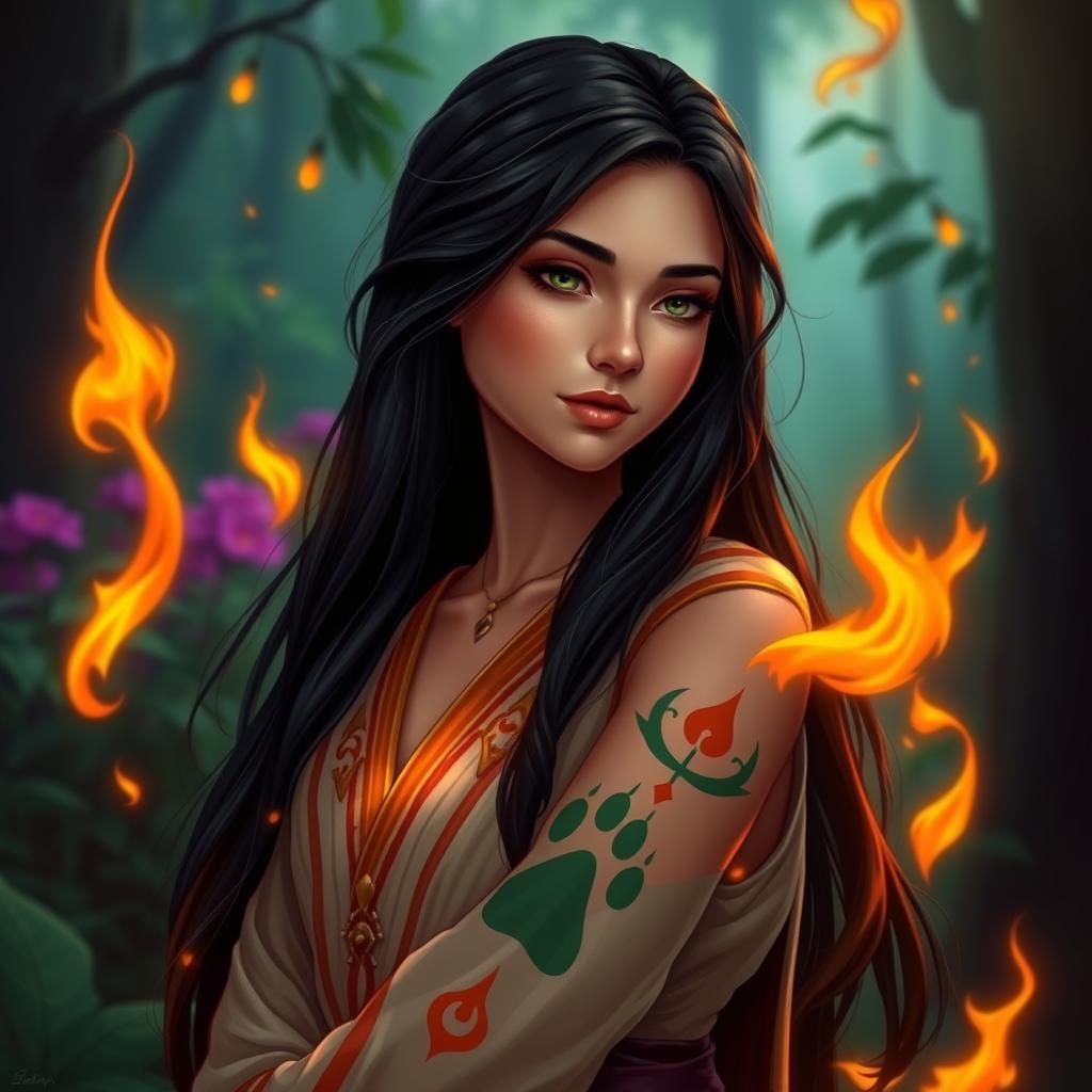 A young female fire druid with long black hair, standing gracefully in a serene forest setting