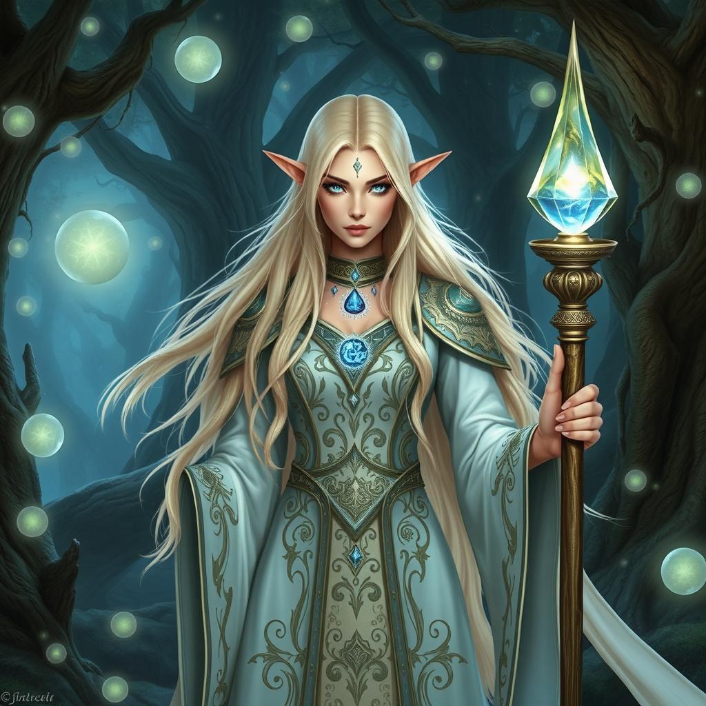 A stunning female high elf wizard with long flowing blonde hair and piercing blue eyes, wearing an intricate, elegant robe adorned with mystical symbols