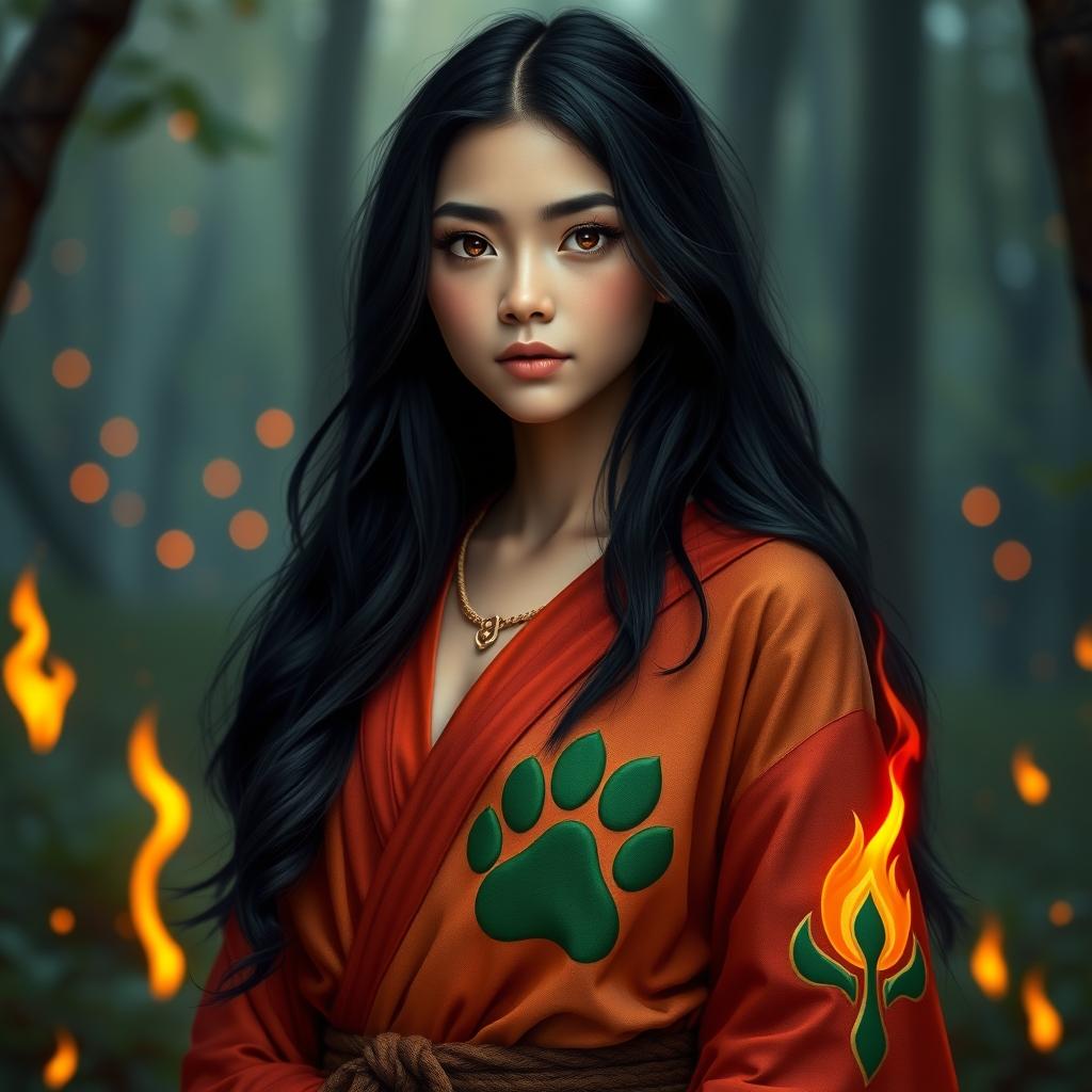 A young female fire druid with long black hair, exuding a calm and serene presence