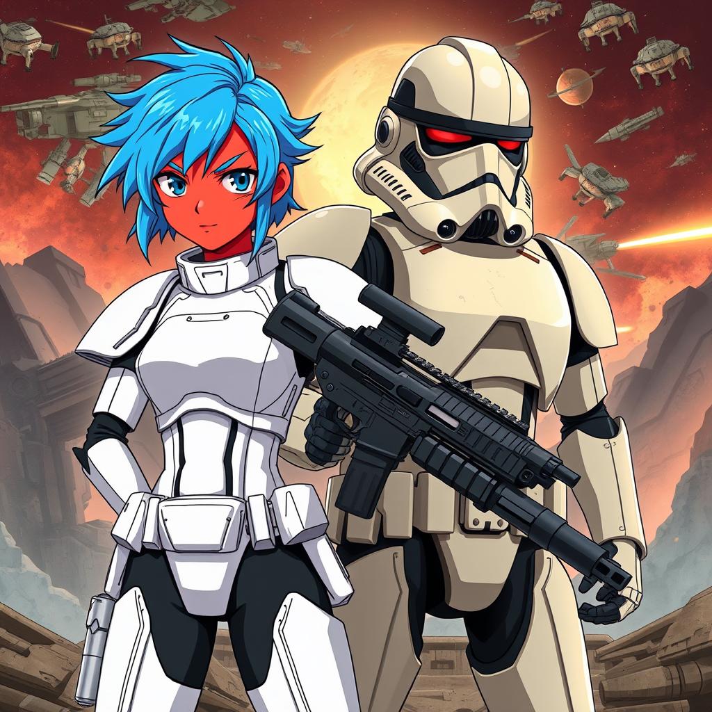 An anime-style illustration featuring a teenage girl with vibrant red skin and striking blue hair, clad in a full suit of armor reminiscent of a stormtrooper, confidently holding a blaster rifle