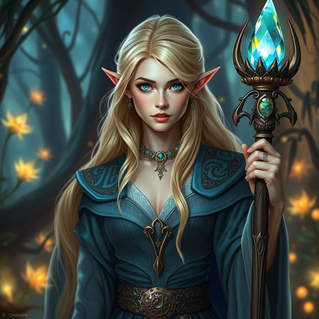 A stunning female high elf wizard with striking blonde hair and captivating blue eyes