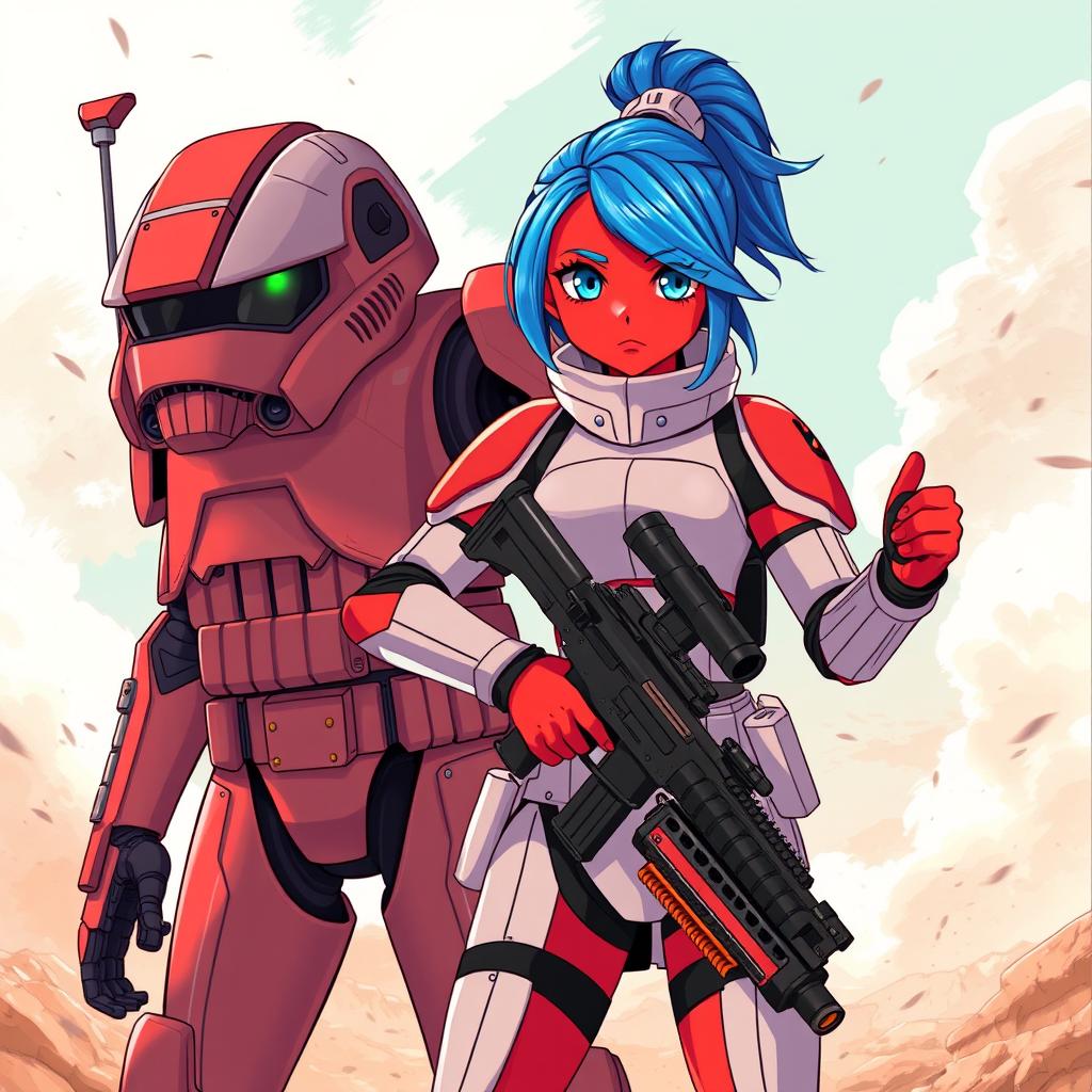 An anime-style illustration featuring a teenage girl with vibrant red skin and striking blue hair, clad in a full suit of armor reminiscent of a stormtrooper, confidently holding a blaster rifle