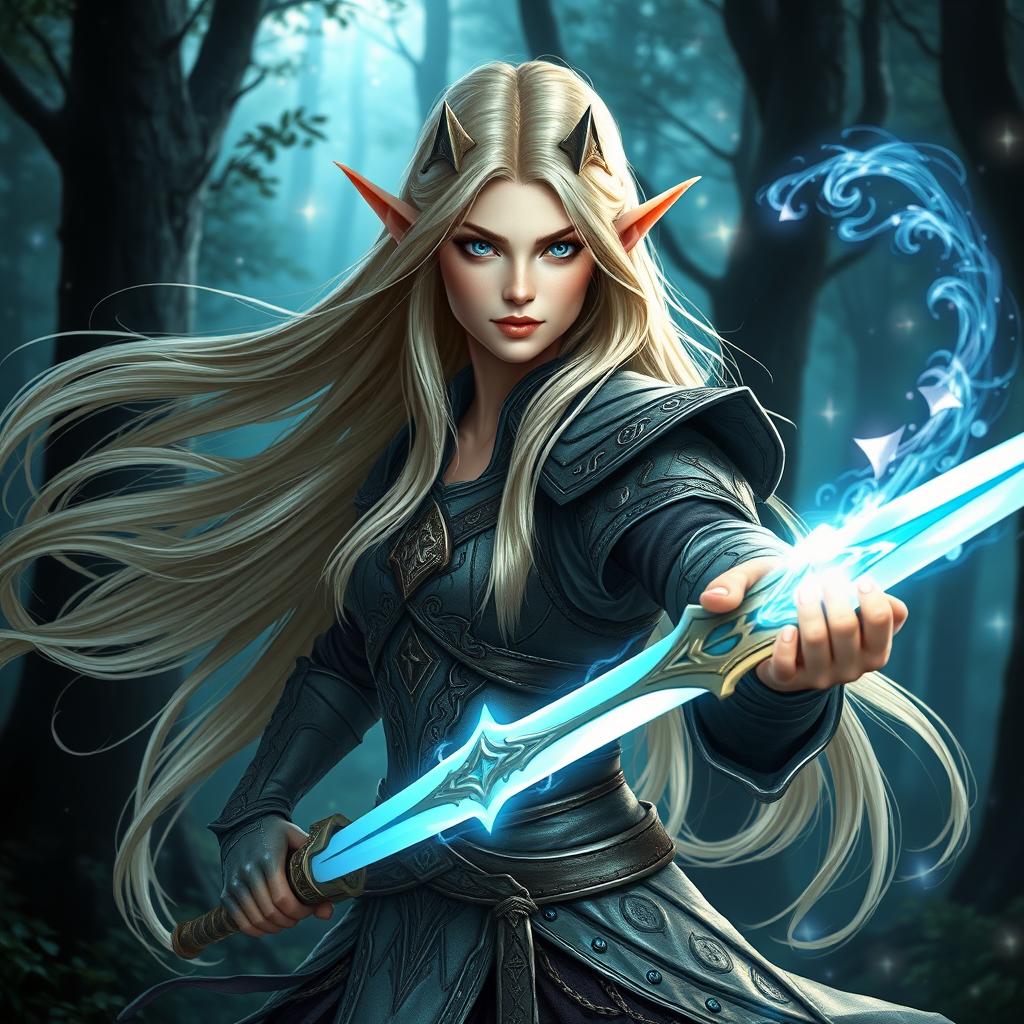 A magnificent female high elf wizard with a graceful stature, expertly poised in a bladesinging pose
