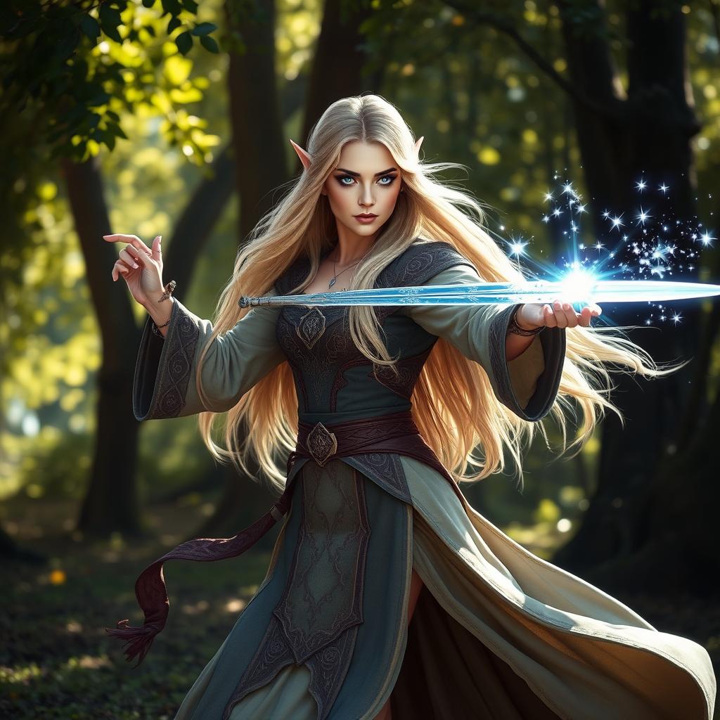 A high elf female wizard, elegantly poised in an enchanting forest setting