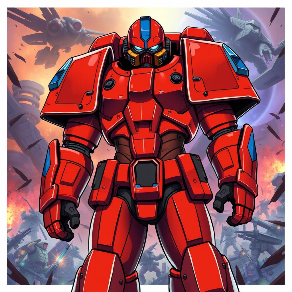 An anime-style illustration of a heroic space marine from Warhammer 40k, featuring striking red armor with blue shoulder pads