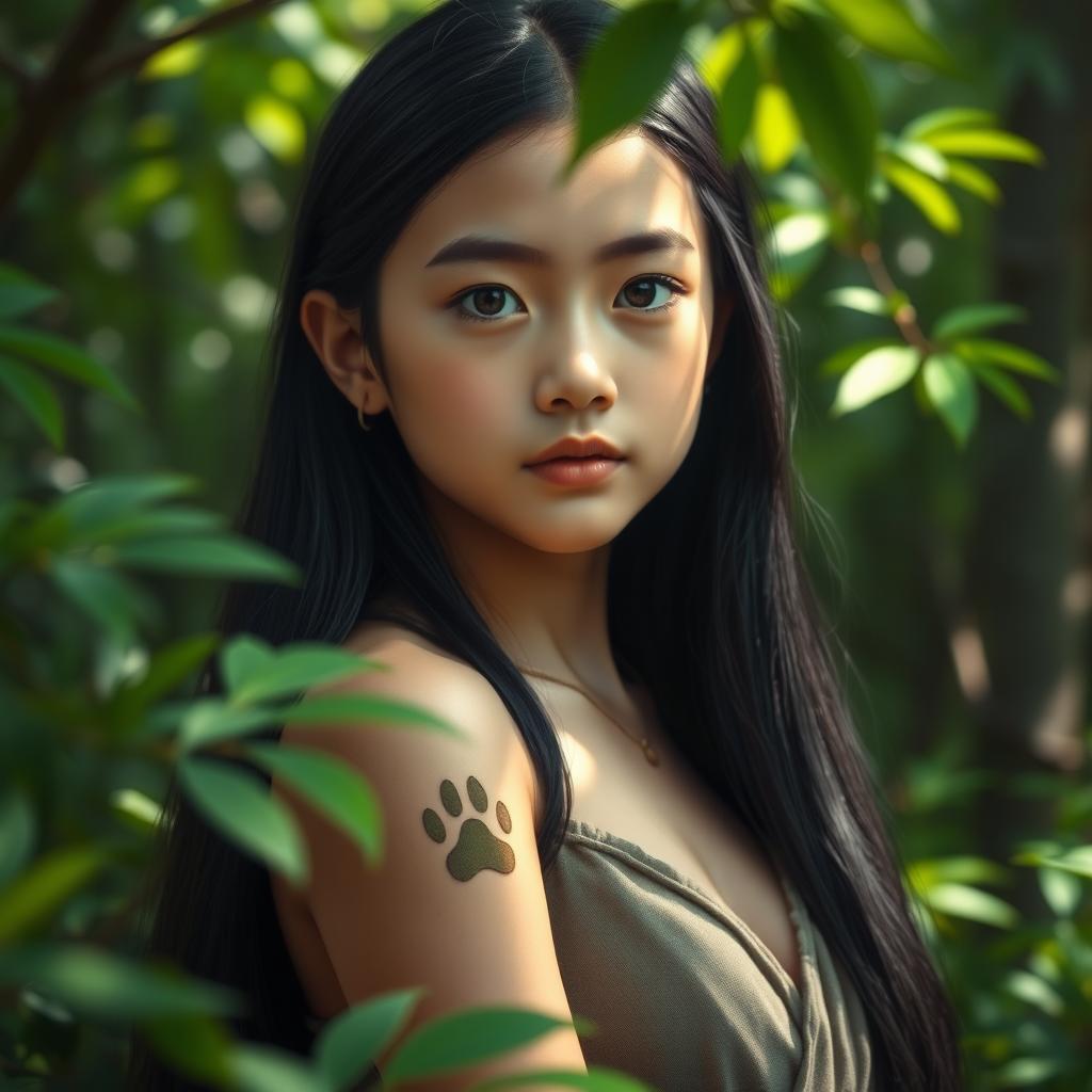 A young female with long black hair, her calm and serene expression reflecting wisdom and tranquility