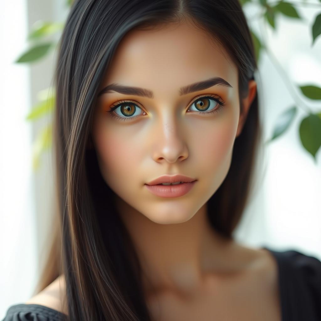 A young European woman with long black hair, featuring a calm and serene expression