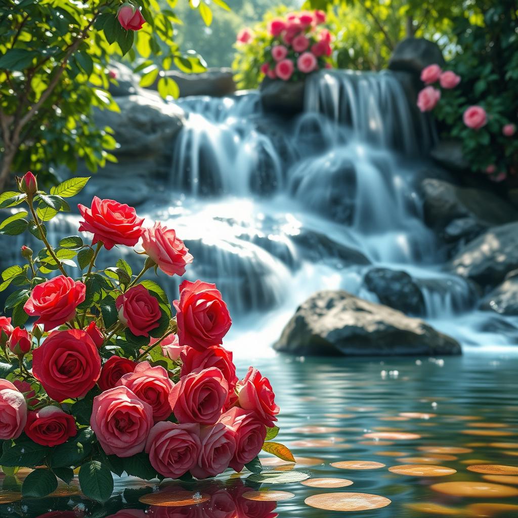 A stunning scene featuring a beautiful waterfall cascading down rocks surrounded by vibrant roses in full bloom