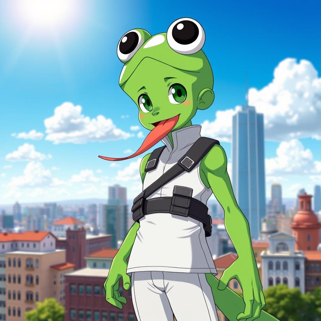 A male character inspired by Tsuyu Asui, featuring a frog-like appearance with green skin, large round eyes, and a playful expression