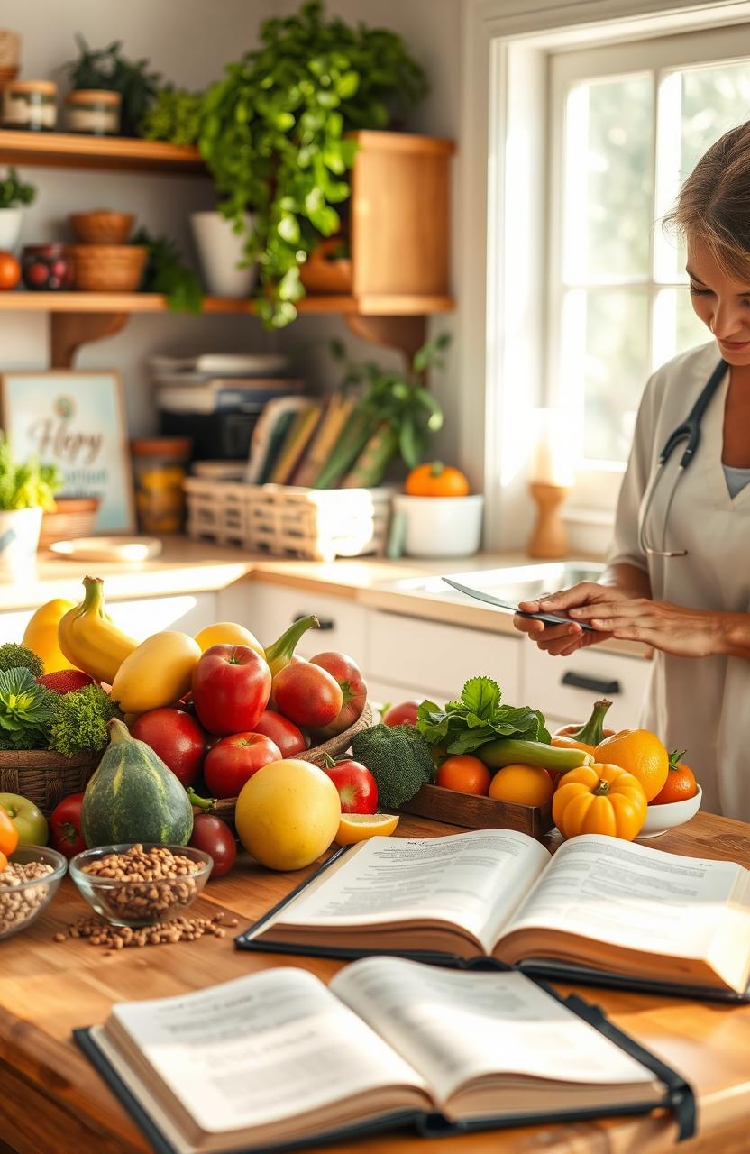 A serene and inspirational scene depicting a holistic Christian approach to nutrition for cancer care