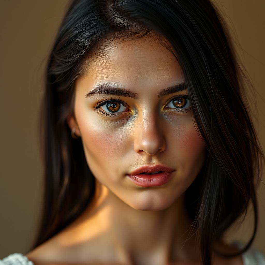A young European woman with black hair, displaying a calm and serene expression