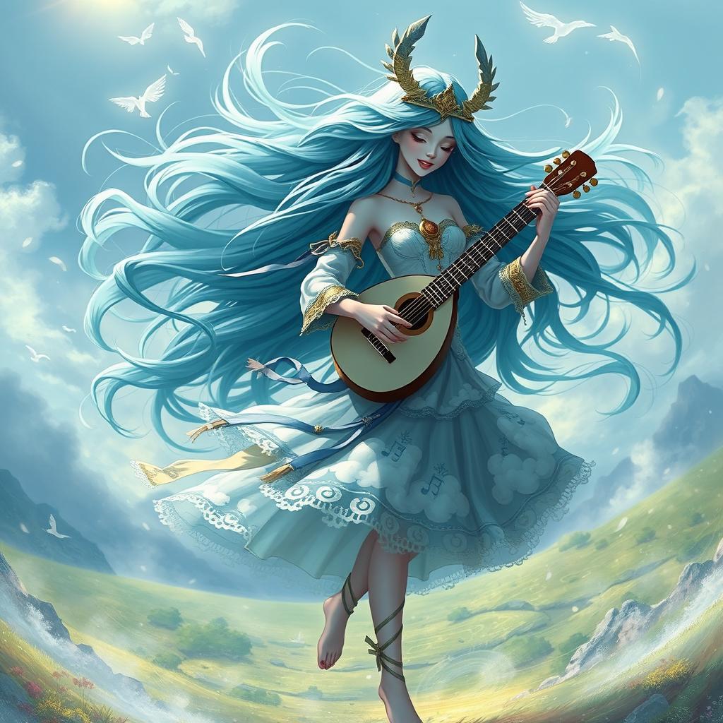 A female air genasi bard gracefully dancing in a vibrant atmosphere, with long flowing teal hair