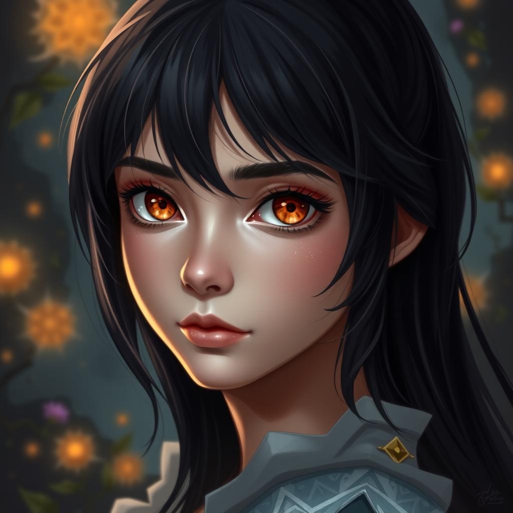A young European woman with black hair, exhibiting a calm and serene expression, inspired by Dungeons & Dragons art style