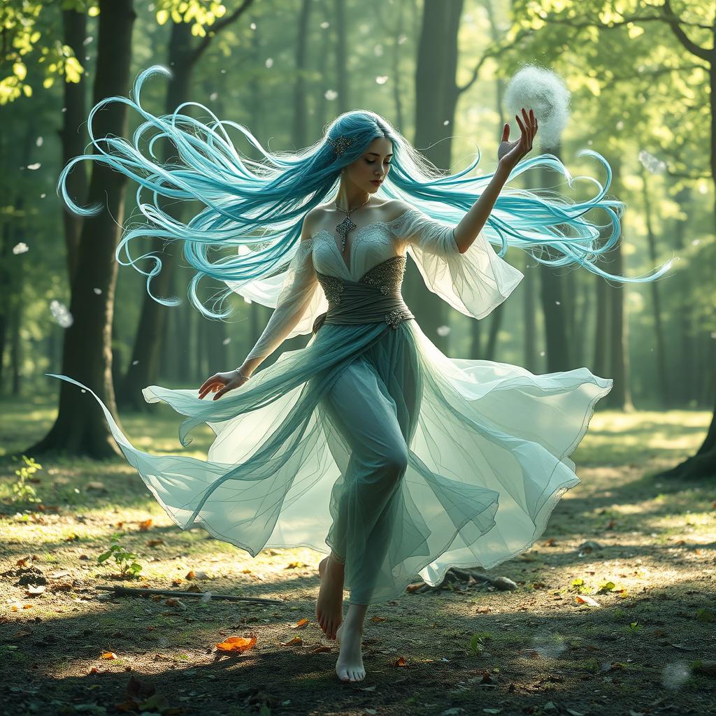 A female air genasi bard dancing gracefully