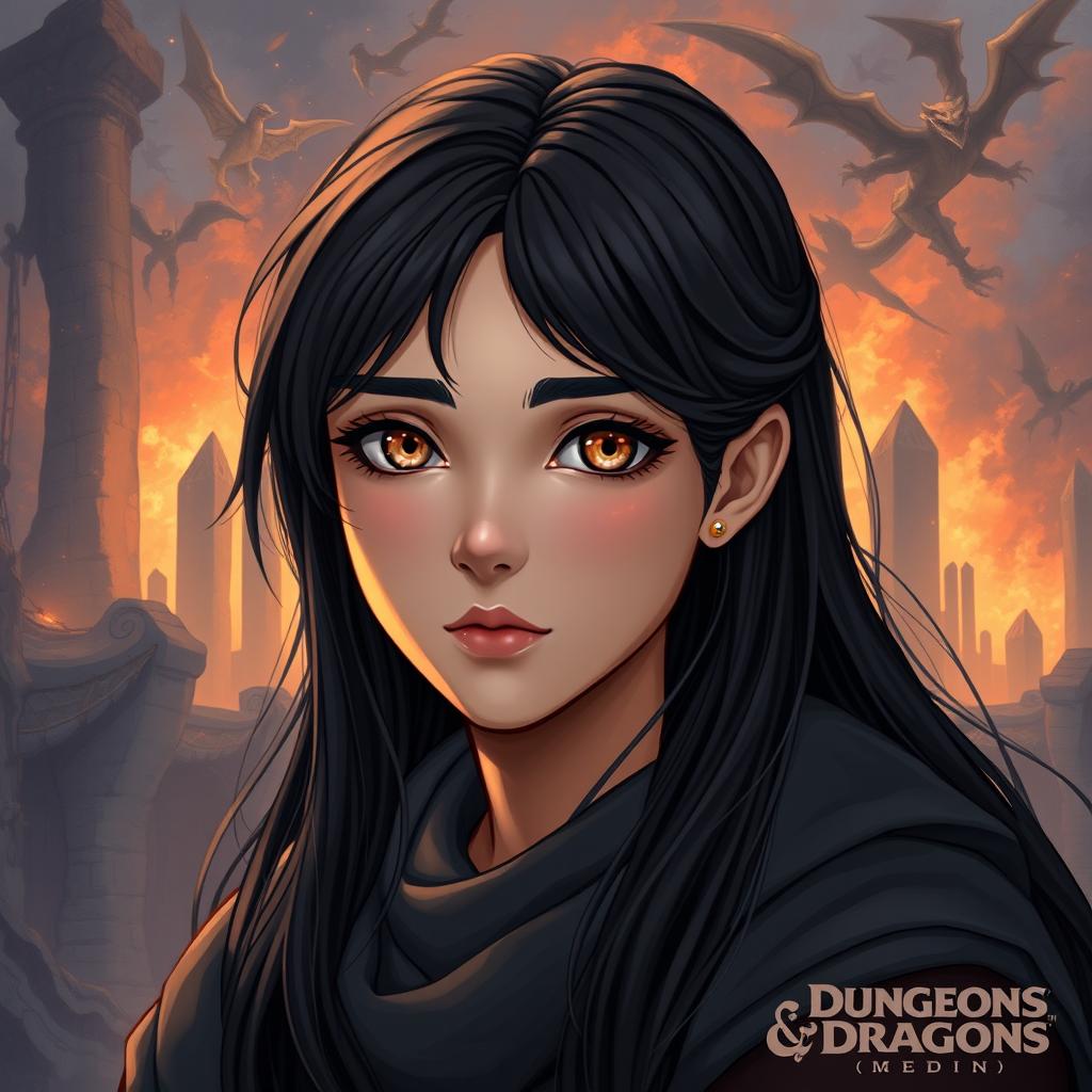 A young European woman with black hair, possessing a calm and peaceful expression, illustrated in a Dungeons & Dragons art style
