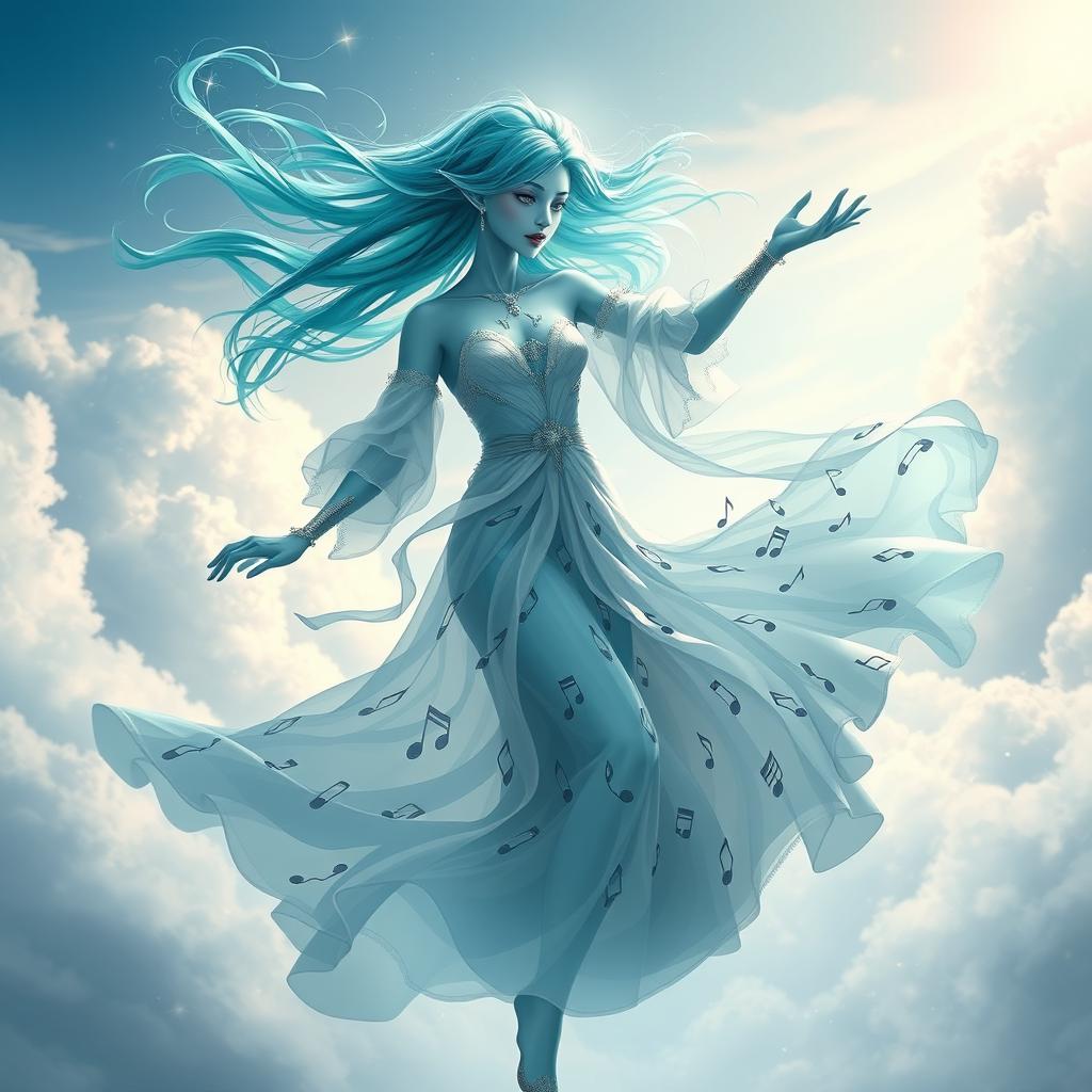 A female air genasi bard gracefully dancing in a magical setting
