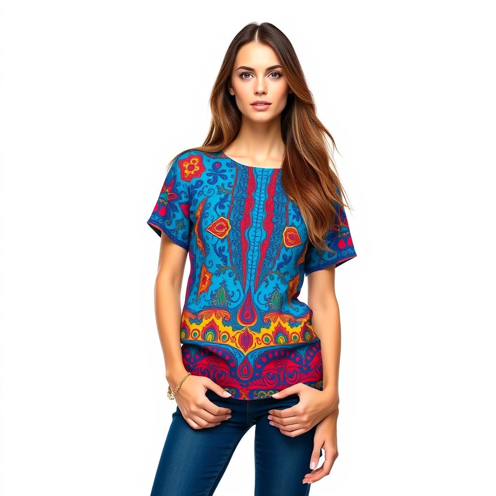 A fashionable female model wearing a colorful top, exhibiting vibrant patterns in blue, red, and yellow, standing confidently in front of a completely white background