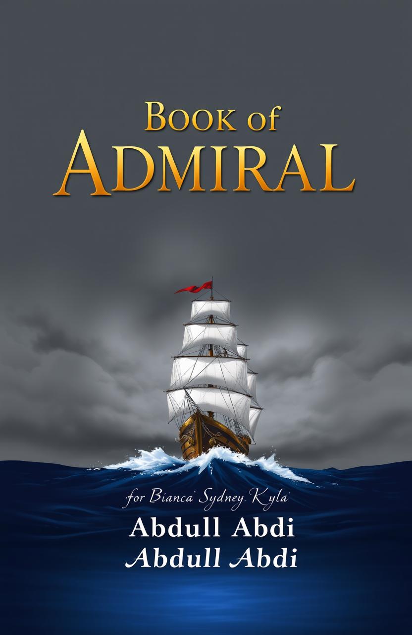 A captivating book cover design for "Book of Admiral", featuring a majestic naval ship sailing through stormy seas, embodying an adventurous spirit
