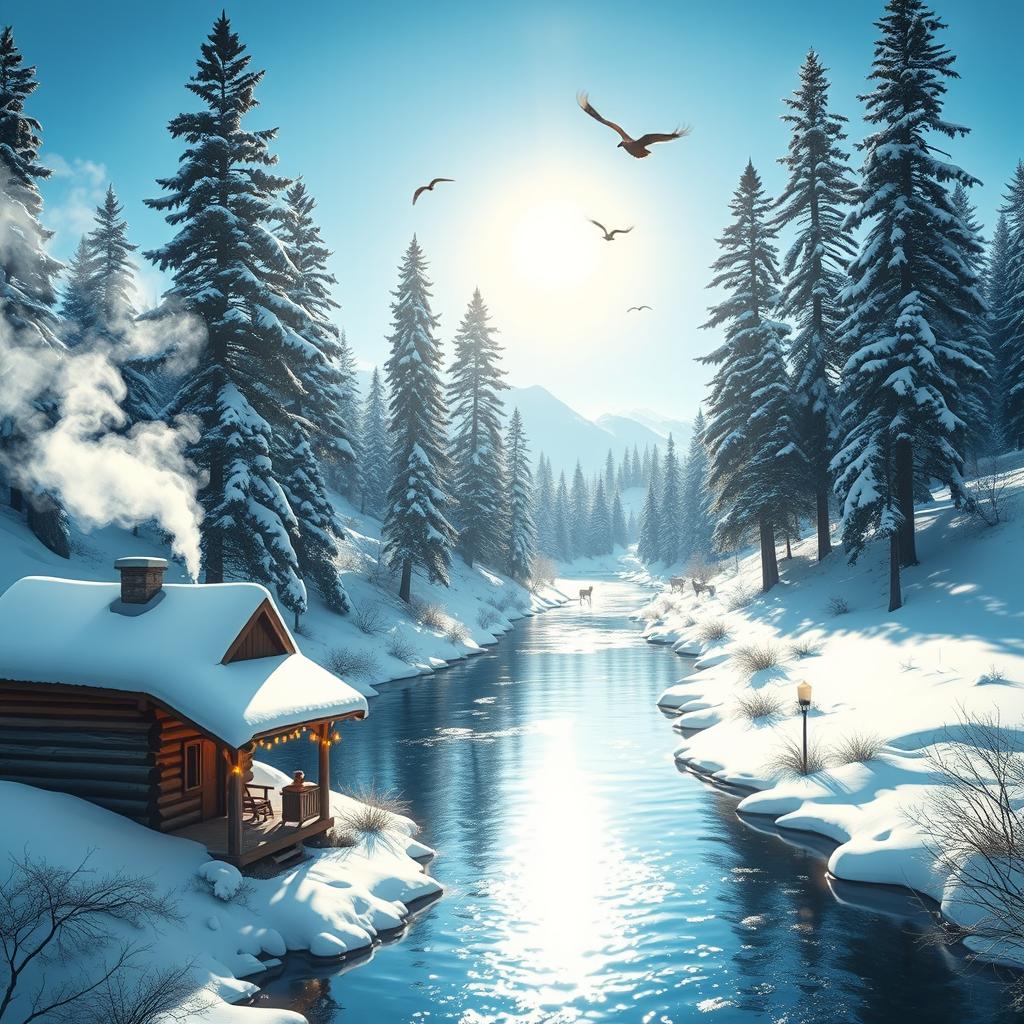A serene winter landscape under a bright blue sky, depicting a peaceful river gently flowing through a snow-covered valley surrounded by tall, majestic pine trees