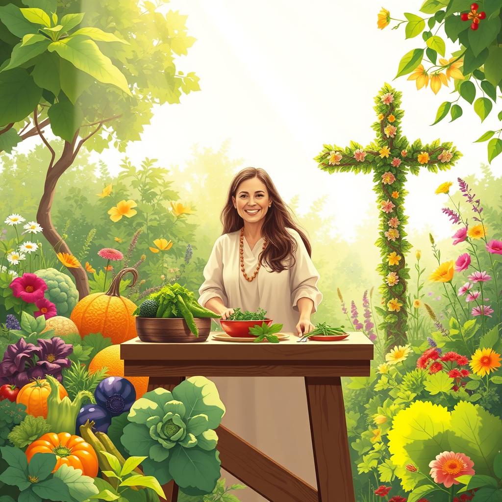 An inspiring and serene illustration of 'Faithful Nutrition: A Holistic Christian Approach to Cancer Wellness