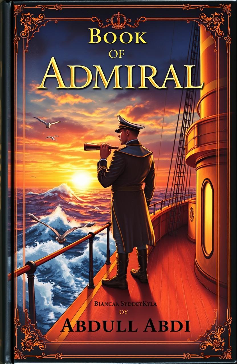 A captivating book cover featuring a majestic admiral standing on the deck of a grand ship, gazing into the horizon during a dramatic sunset