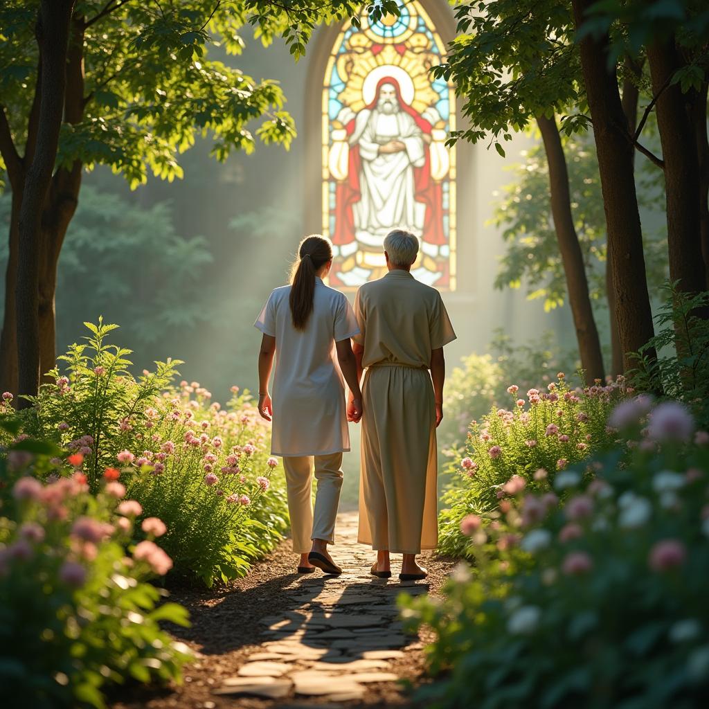 A serene and peaceful scene depicting a holistic Christian approach to cancer wellness