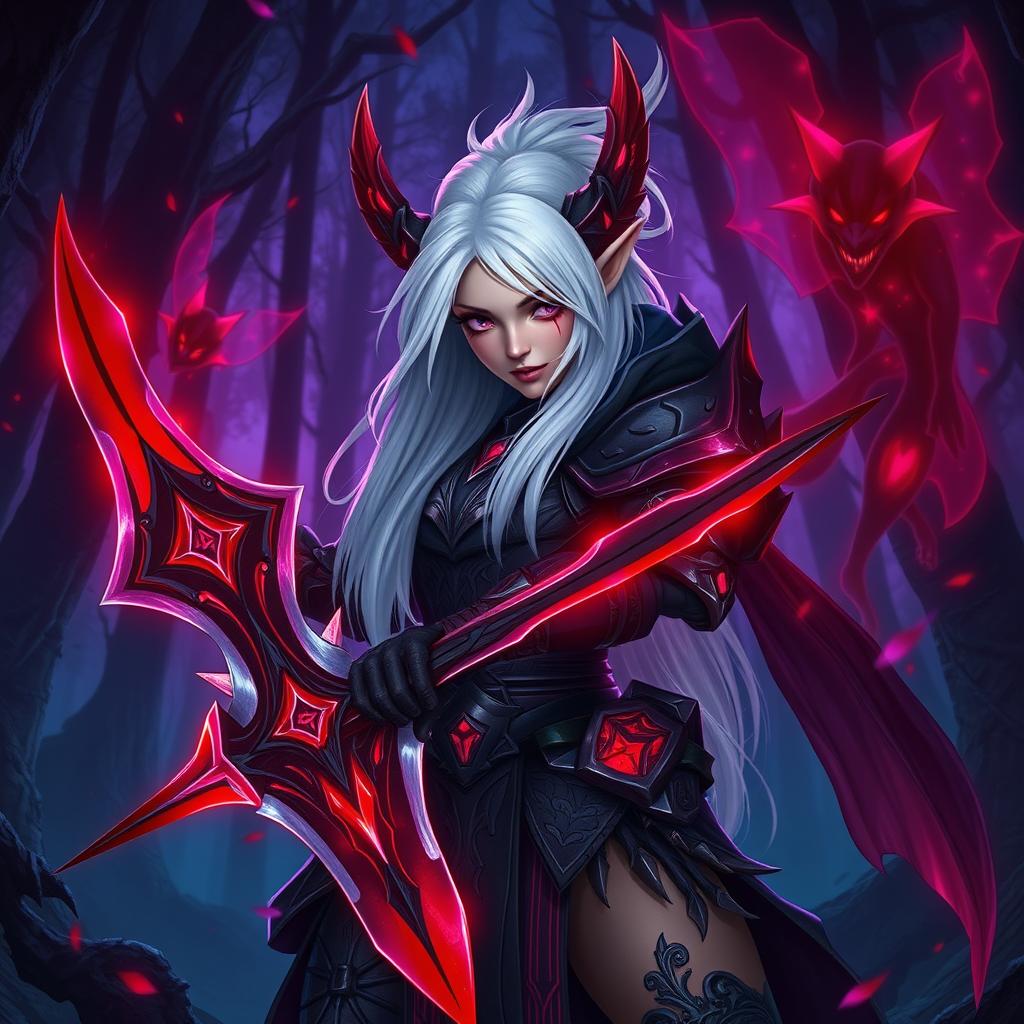 A female deep gnome blood hunter with striking white hair featuring vibrant red highlights, wearing intricate armor that blends dark tones and rich textures