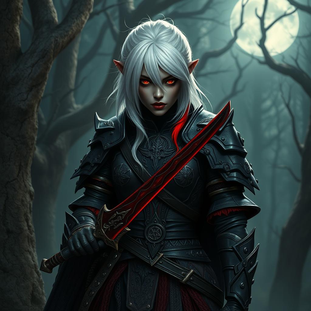 A female deep gnome blood hunter with striking ivory white hair accentuated by vibrant red highlights, her skin a rich ebony hue, wearing intricately designed dark leather armor adorned with mystical symbols