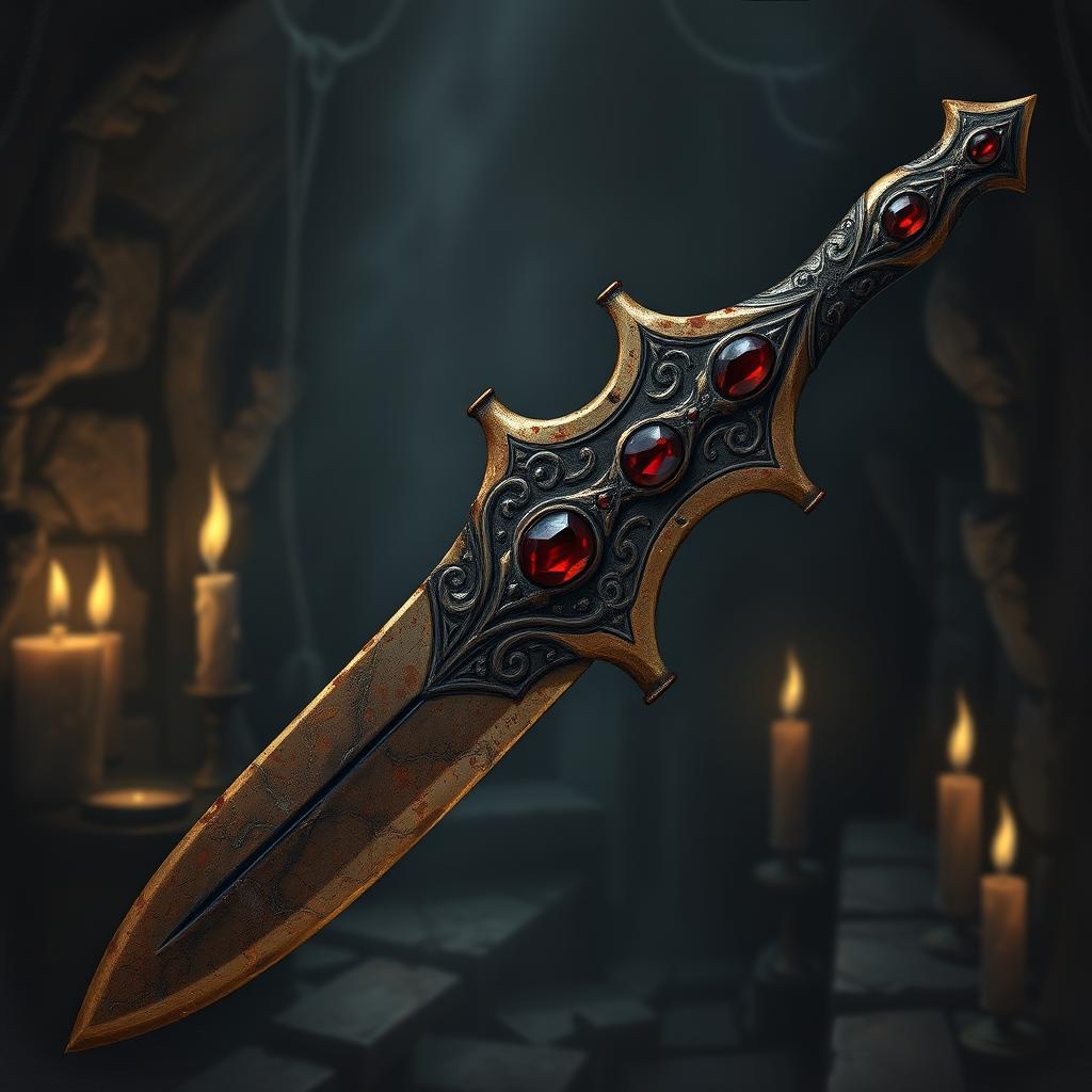 A detailed illustration of a rusty dagger, evoking a sense of dark fantasy