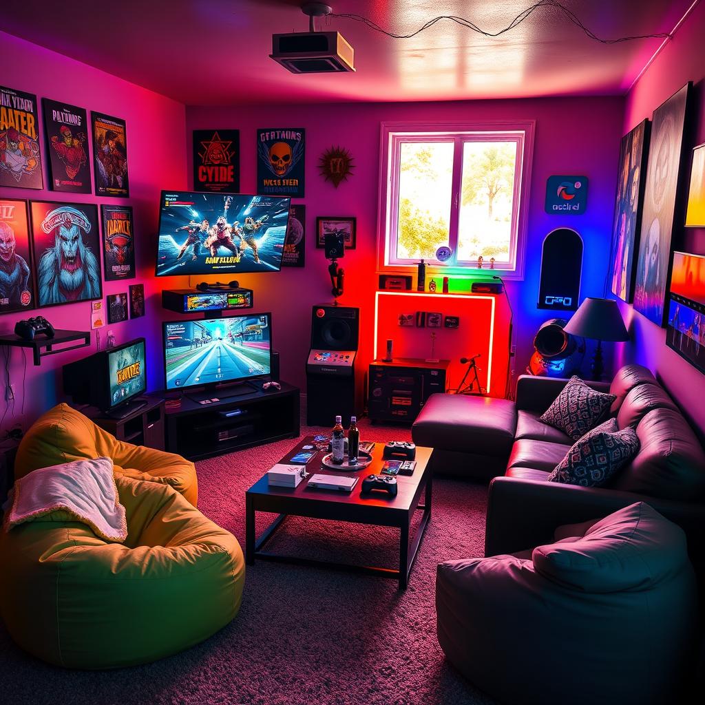 A vibrant and inviting game room filled with various gaming consoles, a large screen displaying a multiplayer game, and comfortable seating like bean bags and a sectional sofa