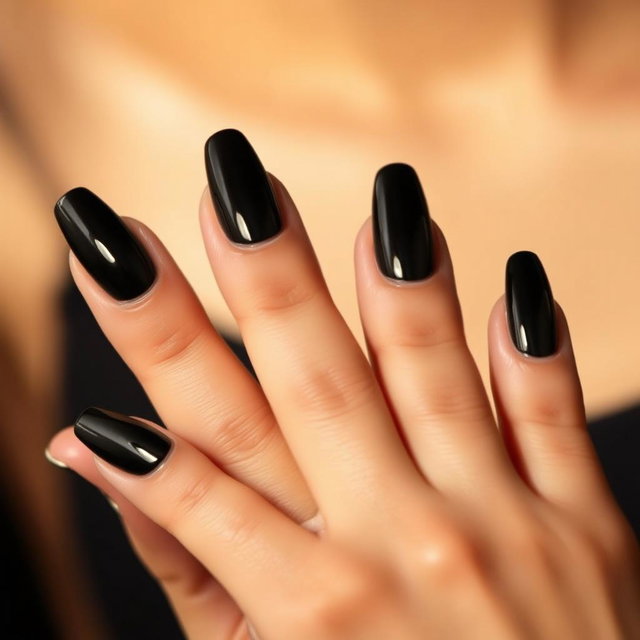 A close-up photograph of beautifully manicured hands with glossy black nail polish