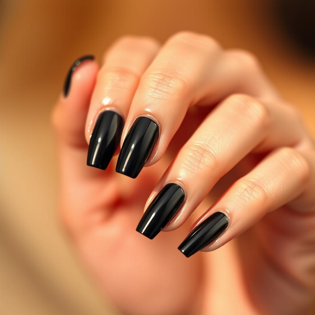 A close-up photograph of beautifully manicured hands with glossy black nail polish